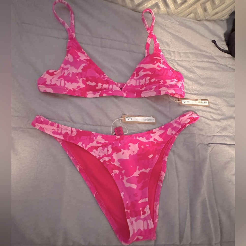 SET skims NWT recycled swim cheeky tanga & adjustable triangle top - pink camo L
